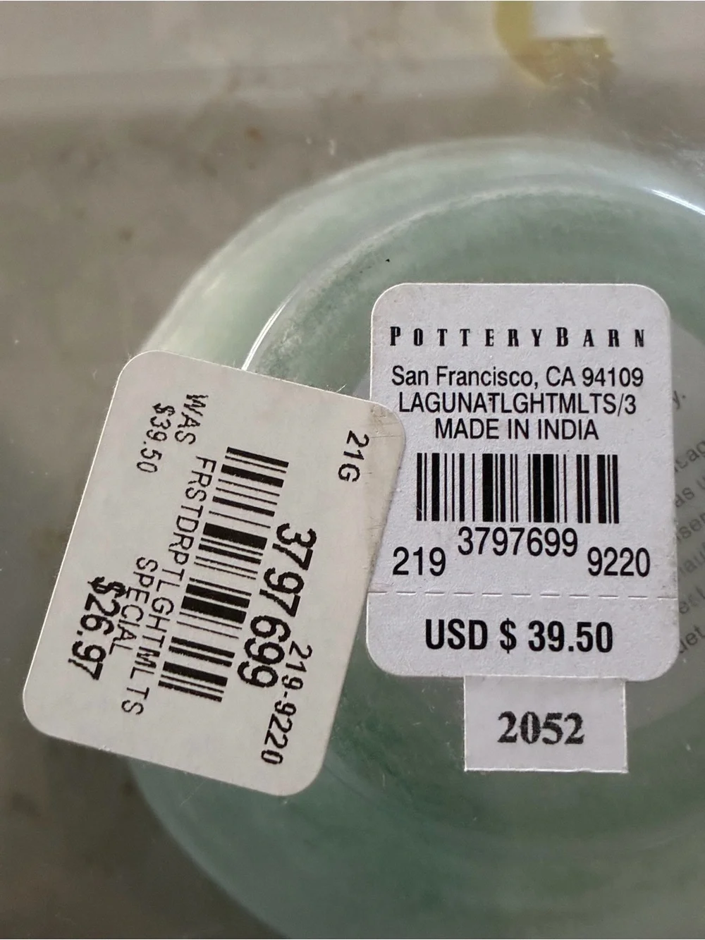 Pottery Barn Frosted Sea Glass Votive Holders - Pale Blue Seafoam and White.